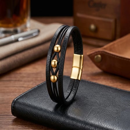 Moncuk Design Sarı Çelik Top Ve Siyah Deri Bileklik 33514B8D4