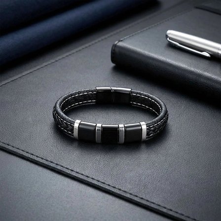 Moncuk Design Siyah-Beyaz 316L Çelik Ve Saç Örgü Erkek Deri Bileklik 33514B26D3
