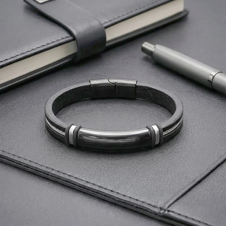 Moncuk Design İsim Yazılabilir Çelik Halatlı Deri Ve Siyah Titanyum Kilit Bileklik 33513B15D1