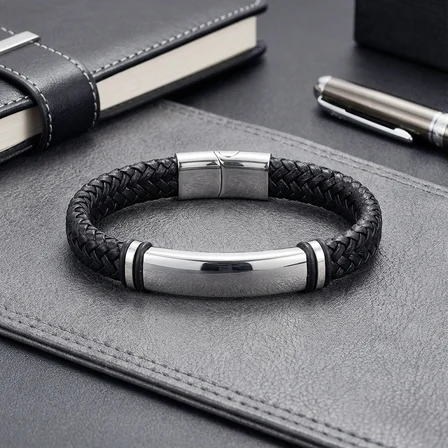 Moncuk Design İsim Yazılabilir Siyah Deri Ve Beyaz Titanyum Kilit Bileklik 33513B15D3