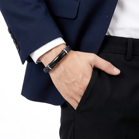 Moncuk Design İsim Yazılabilir Mavi Siyah Deri Ve Siyah Titanyum Kilit Bileklik 33513B15D5