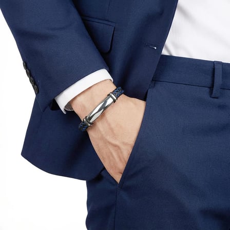 Moncuk Design İsim Yazılabilir Mavi Siyah Deri Ve Beyaz Titanyum Kilit Bileklik 33513B15D6