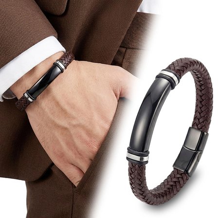Moncuk Design İsim Yazılabilir Kahverengi Deri Ve Siyah Titanyum Kilit Bileklik 33513B15D11