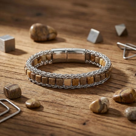 Moncuk Design Odun Jasper Doğal Taşlı Hasır Örgü Zincirli Erkek Çelik Bileklik 33512B28D3