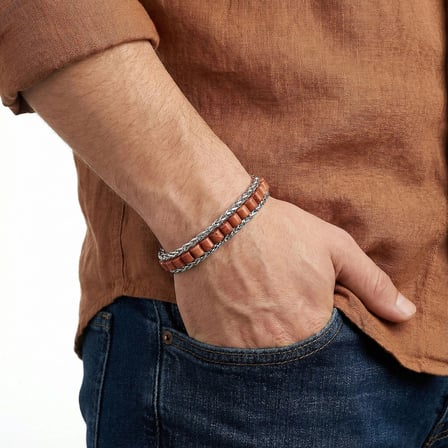 Moncuk Design Kırmızı Jasper Doğal Taşlı Hasır Örgü Zincirli Erkek Çelik Bileklik 33512B28D10
