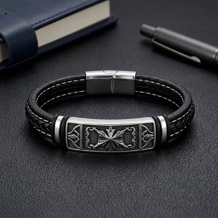 Moncuk Design Şövalye Arması Motifli Çelik Kilitli Siyah Deri Erkek Bileklik 33511B8D3