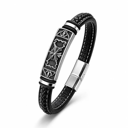 Moncuk Design Şövalye Arması Motifli Çelik Kilitli Siyah Deri Erkek Bileklik 33511B8D3
