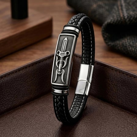 Moncuk Design Motifli Çelik Kilitli Siyah Deri Erkek Bileklik 33511B8D6