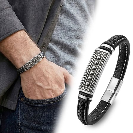 Moncuk Design Greek Key Desenli Çelik Kilitli Siyah Deri Erkek Bileklik 33511B8D2