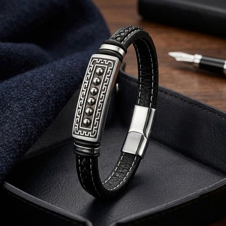 Moncuk Design Greek Key Desenli Çelik Kilitli Siyah Deri Erkek Bileklik 33511B8D2