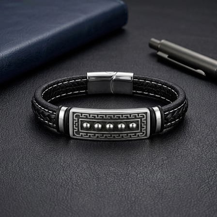 Moncuk Design Greek Key Desenli Çelik Kilitli Siyah Deri Erkek Bileklik 33511B8D2
