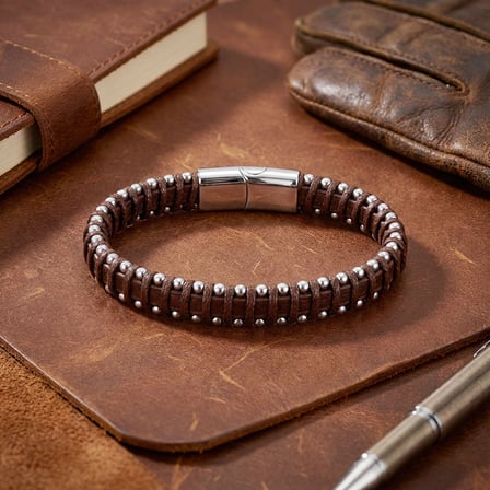 Moncuk Design Damla Çelik Zincir Kahve Rengi Deri Dolama Erkek Bileklik 33514B1D6