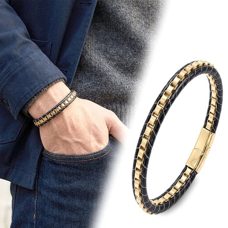 Moncuk Design Sarı Çelik Zincir Örgülü Ve Deri Erkek Bileklik 33514B24D4
