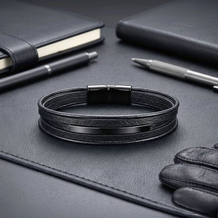Moncuk Design İsim Yazılabilir Siyah Titanyum Plakalı Çoklu Siyah Deri Erkek Bileklik 33514B28D10