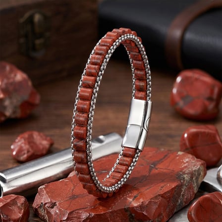 Moncuk Design Kırmızı Jasper Doğal Taşlı Hasır Örgü Zincirli Erkek Çelik Bileklik 33512B28D18