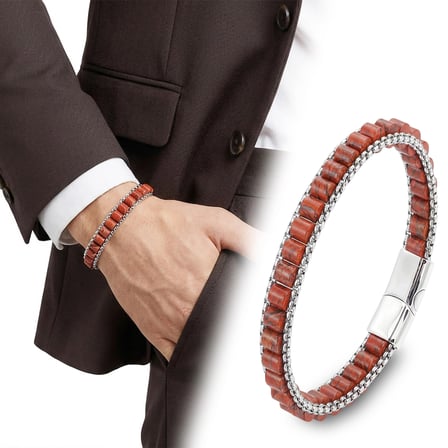 Moncuk Design Kırmızı Jasper Doğal Taşlı Hasır Örgü Zincirli Erkek Çelik Bileklik 33512B28D18