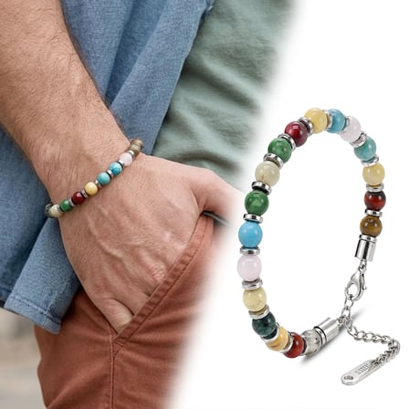 Moncuk Design Karışık Doğal Akik Taşlı Çakra Temalı Ayarlanabilir Çelik Bileklik 33512B10D9