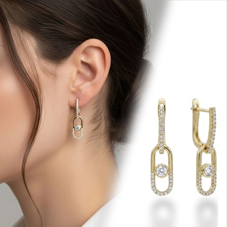 Moncuk Design Taş Detaylı Zincir Sallantılı VIP Küpe Beyaz-Sarı 3351KKUV007