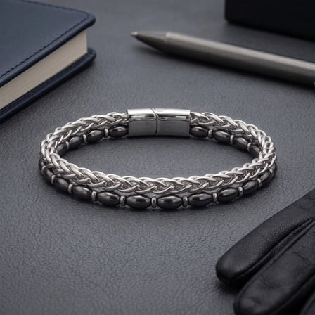 Moncuk Design Hematit Taşlı Çift Sıra Erkek Çelik Zincir Bileklik 33512B21D22