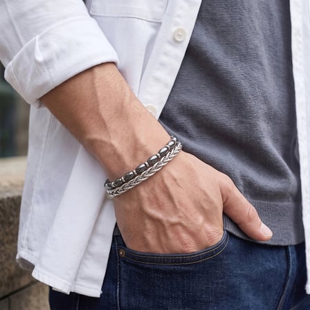 Moncuk Design Hematit Taşlı Çift Sıra Erkek Çelik Zincir Bileklik 33512B21D22