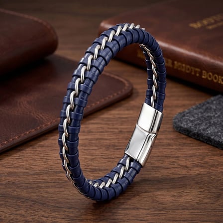 Moncuk Design Lacivert Zincir Model Çelik Ve Deri Bileklik 33514B2D5