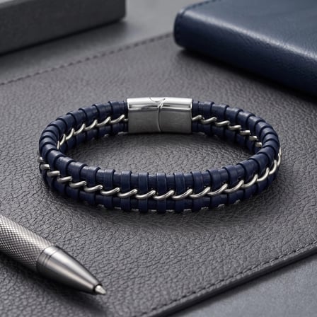 Moncuk Design Lacivert Zincir Model Çelik Ve Deri Bileklik 33514B2D5