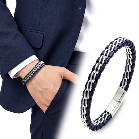 Moncuk Design Lacivert Çift Zincir Çelik Ve Deri Bileklik 33514B2D6