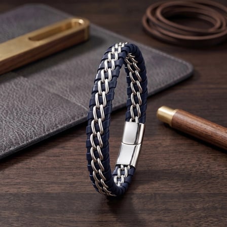 Moncuk Design Lacivert Çift Zincir Çelik Ve Deri Bileklik 33514B2D6