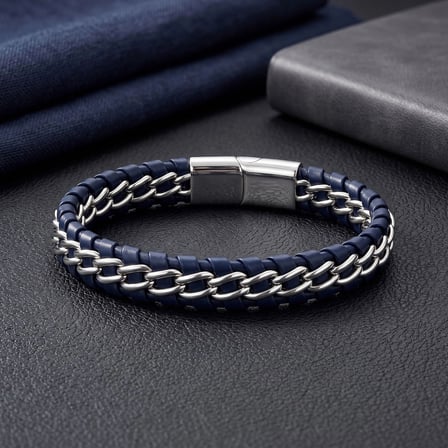 Moncuk Design Lacivert Çift Zincir Çelik Ve Deri Bileklik 33514B2D6