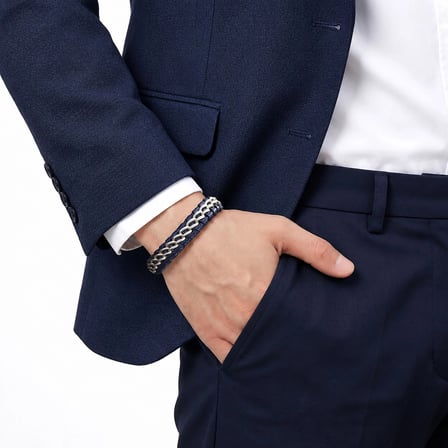 Moncuk Design Lacivert Çift Zincir Çelik Ve Deri Bileklik 33514B2D6