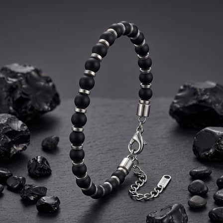 Moncuk Design Siyah Oniks & Beyaz Hematit Taşlı Ayarlanabilir Çelik Erkek Bileklik 33512B10D11