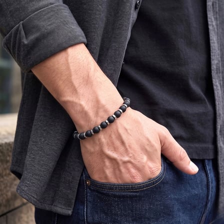 Moncuk Design Siyah Oniks & Beyaz Hematit Taşlı Ayarlanabilir Çelik Erkek Bileklik 33512B10D11