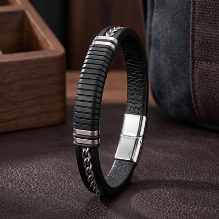 Moncuk Design Siyah Deri Çelik Zincirli Kilitli Erkek Bileklik 33514B19D3