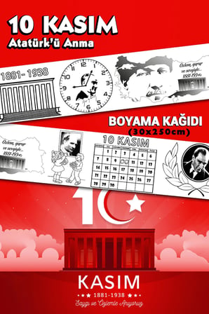 10 Kasım Temalı Dev Boyama Kağıdı 2,5Metre Rulo Boyama Kağıdı - Çocuk Eğitici Boyama
