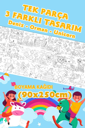 Tek Parça Unicorn-Orman-Deniz Dev Boyama Kağıdı 90cm*2,5 Metre Rulo- Çocuk Eğitici Boyama