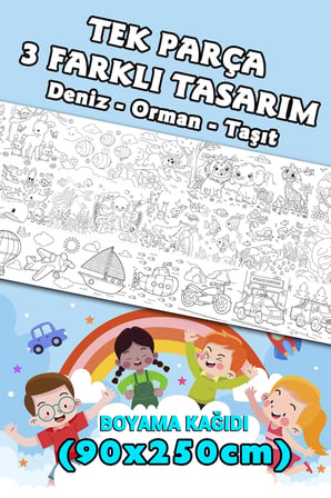 Tek Parça Taşıt-Orman-Deniz Dev Boyama Kağıdı 90cm*2,5 Metre Rulo- Çocuk Eğitici Boyama
