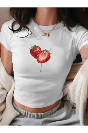 kadın crop baby tee çilek baskılı dar kesim %100 pamuk y2k estetik tişört