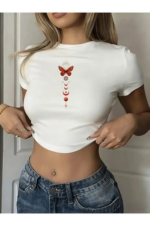 Kadın Crop Baby Tee Kelebek Baskılı Dar Kesim %100 Pamuk Y2K Estetik Tişört