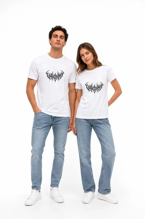 Black Metal Logo Baskılı Siyah Unisex Oversize Tişört Çift Kombini %100 Pamuk