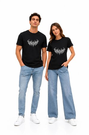 Black Metal Logo Baskılı Siyah Unisex Oversize Tişört Çift Kombini %100 Pamuk