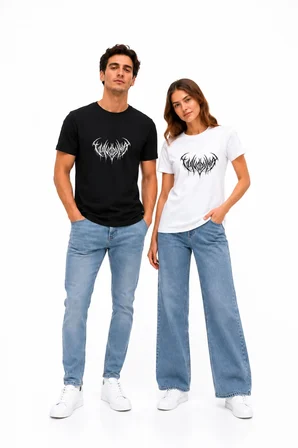 Black Metal Logo Baskılı Siyah Unisex Oversize Tişört Çift Kombini %100 Pamuk