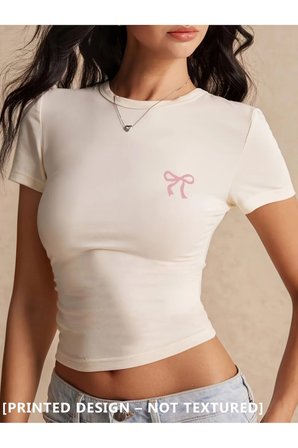 Kadın Crop Baby Tee Fiyonk Baskılı Dar Kesim Y2K Estetik %100 Pamuk Basic Tişört