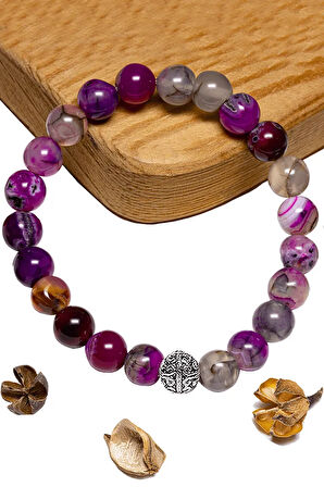 Sertifikalı Aaa+ Pembe - Beyaz Akik Taşı Bileklik - Gümüş Aparatlı