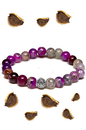 Sertifikalı Aaa+ Pembe - Beyaz Akik Taşı Bileklik - Gümüş Aparatlı