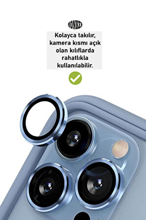 Monker iPhone 13 Pro Sierra Mavi Uyumlu Kamera Koruyucu Cam Mavi Lens Mercek Koruyucu