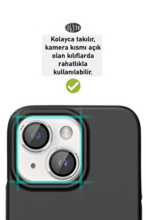 Monker iPhone 14 Uyumlu Gümüş Kamera Koruyucu Cam Lens Koruyucu Kılıf Kamera Koruması