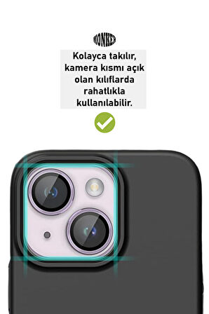 Monker iPhone 14 Uyumlu Mor Kamera Koruyucu Cam Lens Koruyucu Kılıf Kamera Koruması