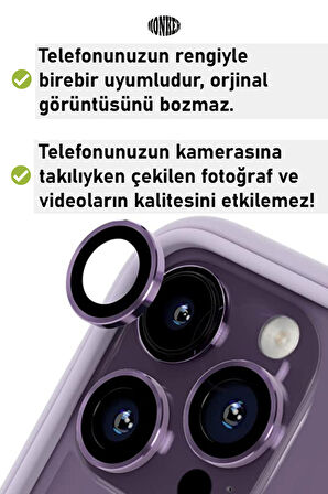 Monker iPhone 14 Pro Derin Mor Uyumlu Kamera Koruyucu Cam Mor Lens Mercek Koruyucu