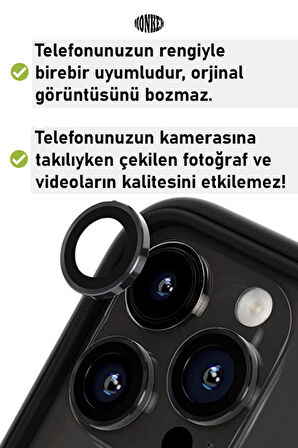 Monker iPhone 14 Pro Uzay Siyahı Uyumlu Kamera Koruyucu Cam Siyah Lens Mercek Koruyucu