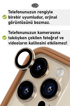 Monker iPhone 14 Pro Max Altın Uyumlu Kamera Koruyucu Cam Gold Lens Mercek Koruyucu